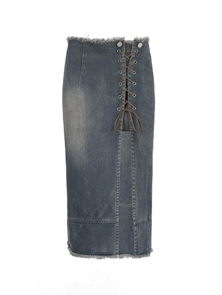 Tie Front Split Distressed Denim Skirt