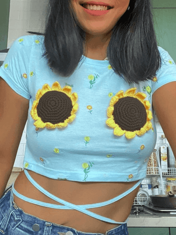 Crop Top mit Sonnenblumen-Print und Bindeband