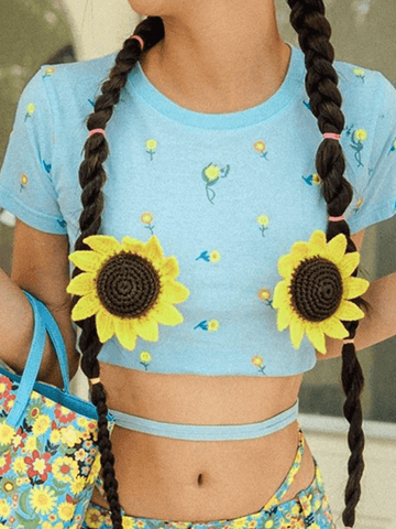 Crop Top mit Sonnenblumen-Print und Bindeband