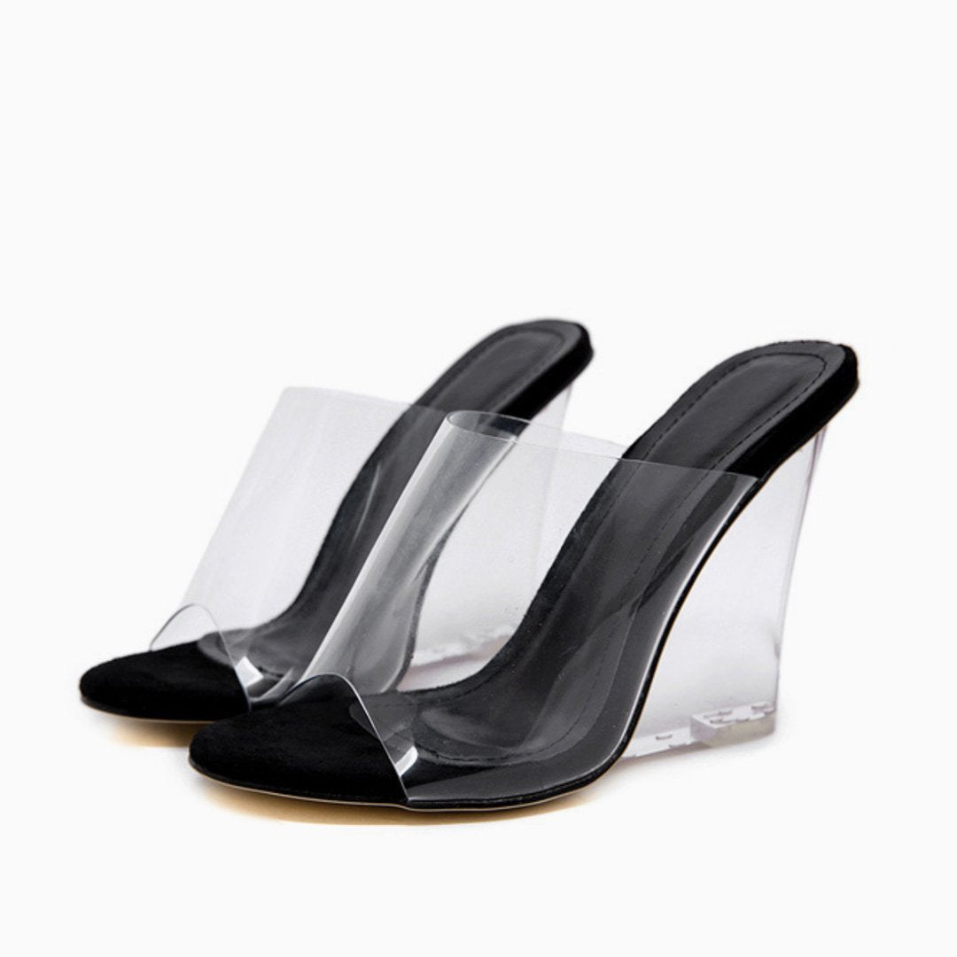 Peep Toe Clear Block Heel Wedge Sandals - Black