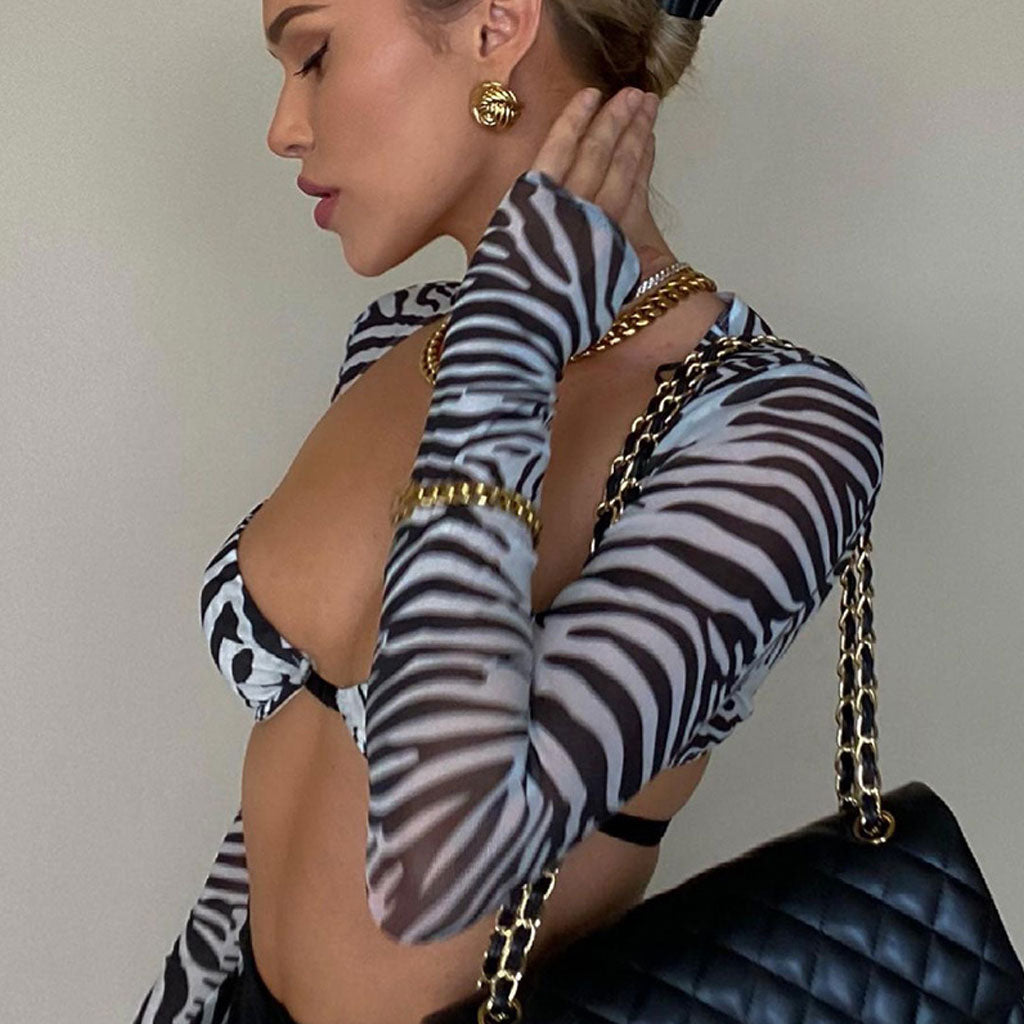 Trendy Animal Print Long Sleeve Bralette Mesh Crop Top - Zebra – Omcne