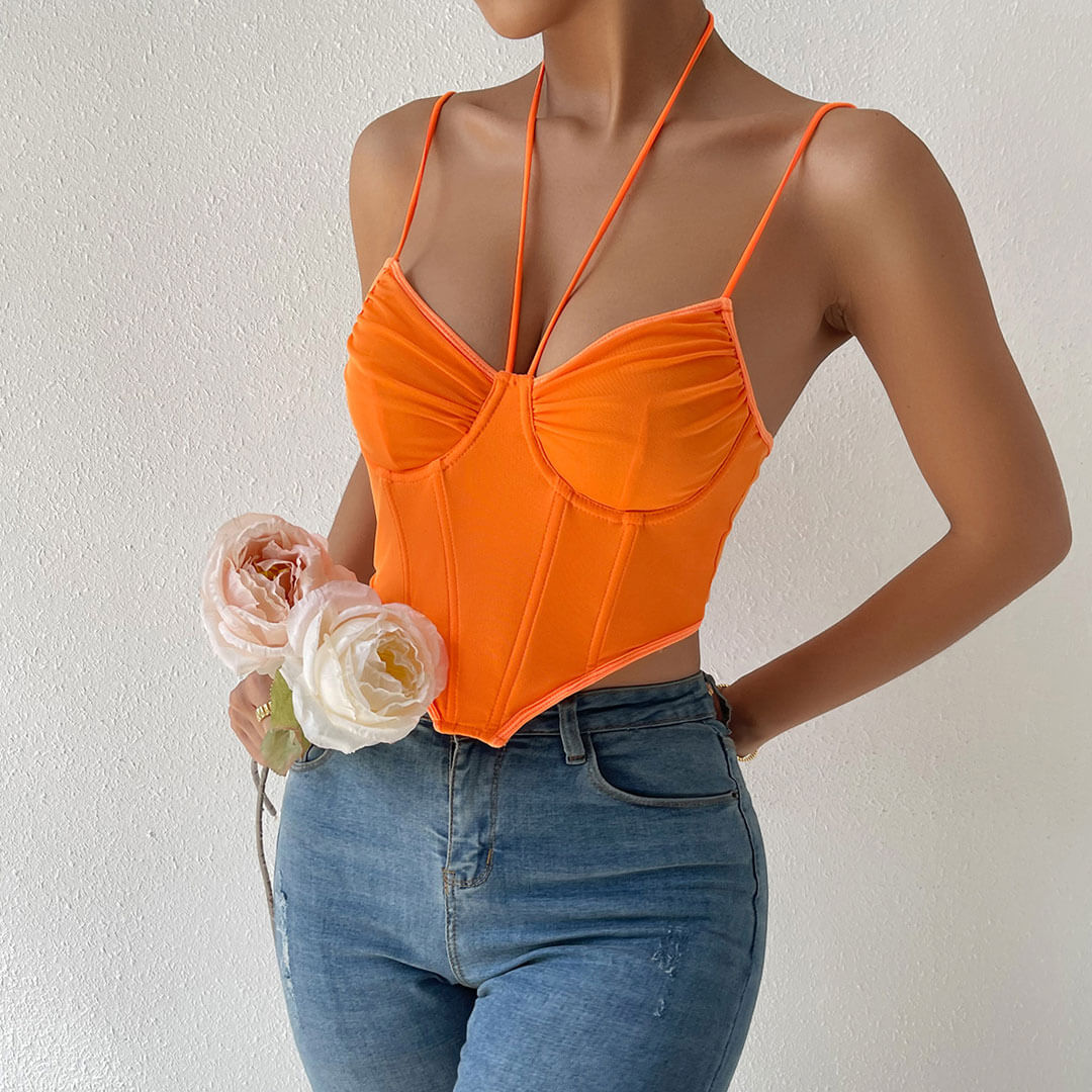 Trendy Halter Bustier Curved Sleeveless Mesh Crop Corset Top - Burnt Orange