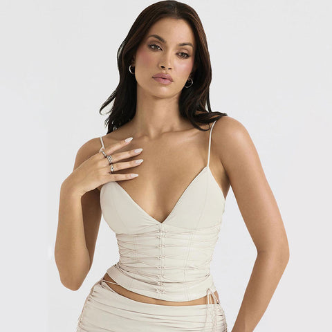 Trendy Lace Up Vegan Deep V Tank Crop Top - Ivory