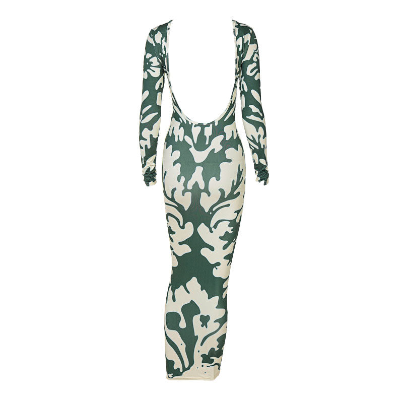 Trendy Long Sleeve Camo Print Maxi Dress - Green