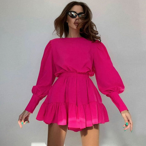 Vestido minivestido moderno con mangas abullonadas, cintura fruncida y volantes - Rosa intenso