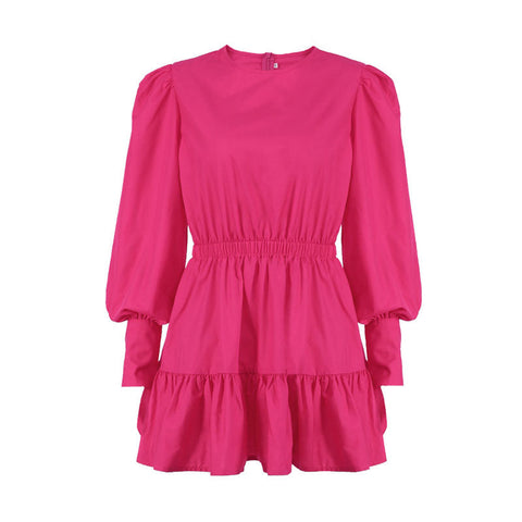 Trendy Puffärmeln geraffte Taille Rüschen Smock Minikleid - Hot Pink