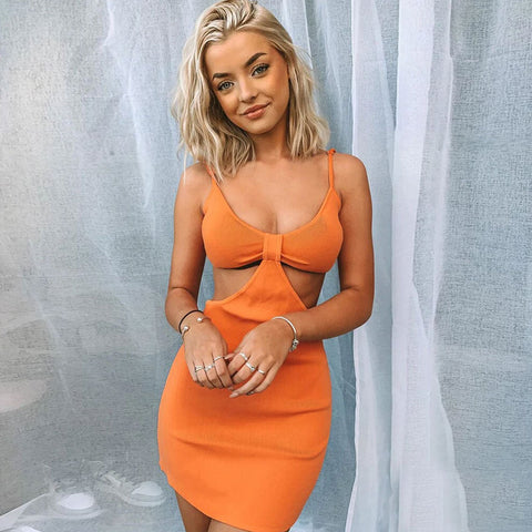 Trendy Ribbed Deep V Neck Cut Out Party Mini Dress - Burnt Orange