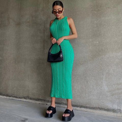 Vestido midi de punto trenzado con cuello redondo y sin mangas, moderno, verde