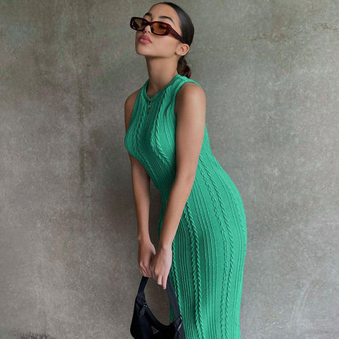 Vestido midi de punto trenzado con cuello redondo y sin mangas, moderno, verde