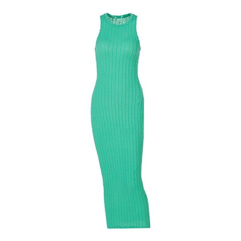 Vestido midi de punto trenzado con cuello redondo y sin mangas, moderno, verde