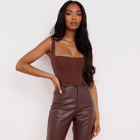 Trendy Suspender Strap Square Neck Crop Corset Top - Coffee