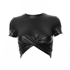 Trendy Twist Front Crew Neck Short Sleeve Crop Top - Black
