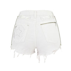 Trendy Zip Trim High Waist Distressed Denim Shorts - White