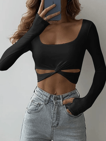 Crop Top mit verdrehtem Ausschnitt und langen Ärmeln