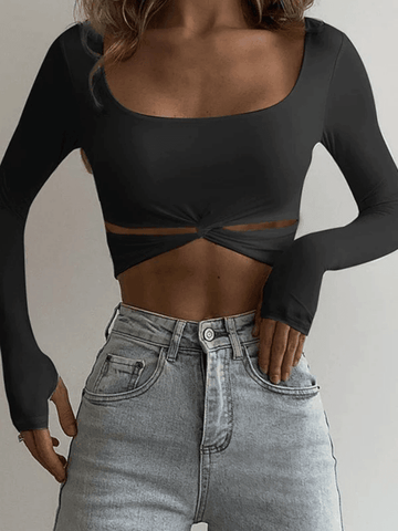 Crop Top mit verdrehtem Ausschnitt und langen Ärmeln