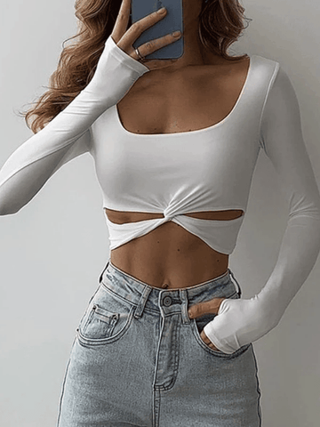 Crop Top mit verdrehtem Ausschnitt und langen Ärmeln