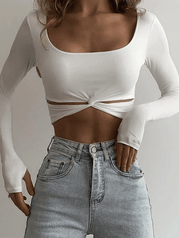 Crop Top mit verdrehtem Ausschnitt und langen Ärmeln