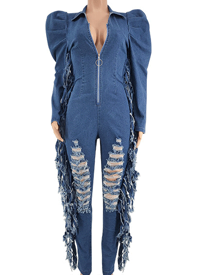 Bubble Sleeve Tassels Denim Jumpsuit