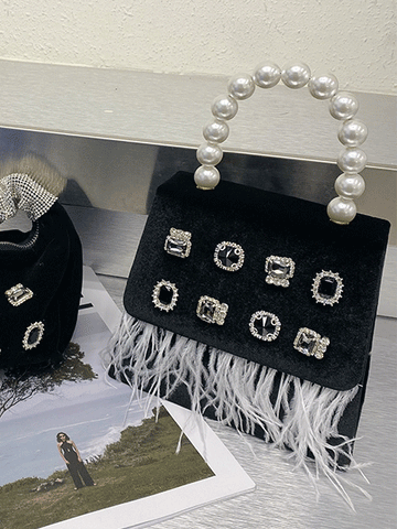 Velvet Pearls Rhinestone Tassels Handbag