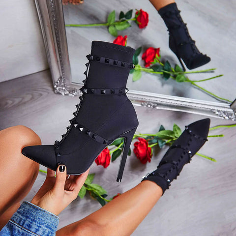 Unique Studs Strap Pointed Toe Stiletto Heel Mid Calf Boots - Black