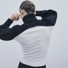 Unique Turtleneck Long Sleeve Rib Knit Crop Pullover Sweater - Black