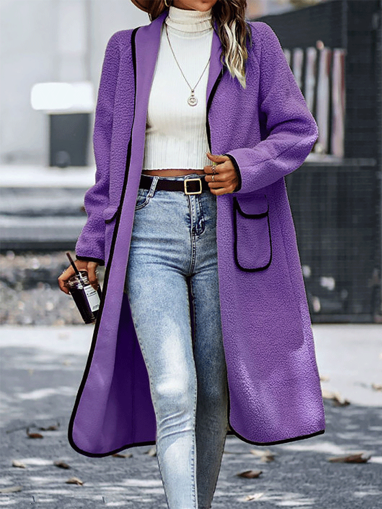Fleece Solid Pockets Lapel Coat