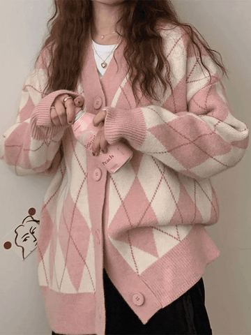 Strickjacke mit Argyle-Muster und V-Ausschnitt