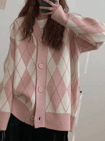 Strickjacke mit Argyle-Muster und V-Ausschnitt