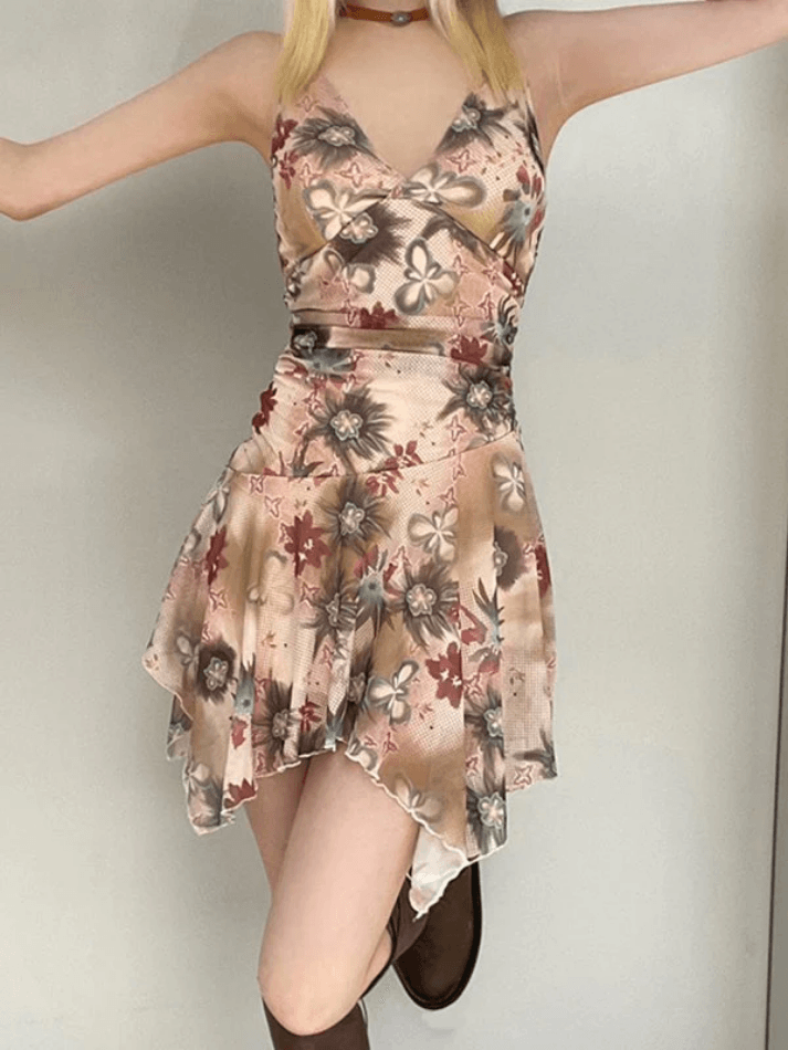 V-Neck Floral Waist Pleated Mesh Mini Dresses