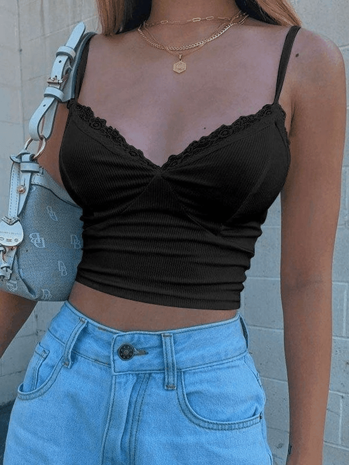 V-Neck Lace Ribbed Crop Cami Top