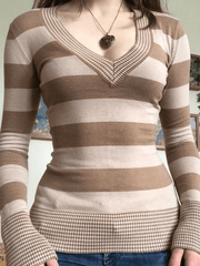V Neck Striped Knit Top