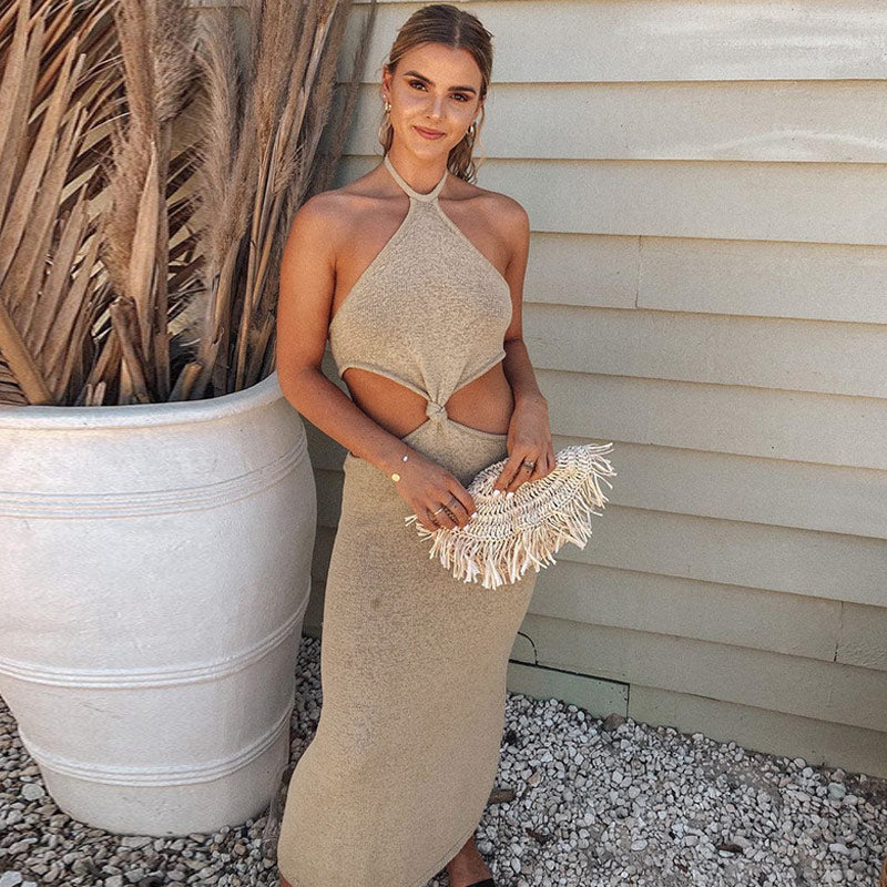 Vacation Ready Halter Neck Cut Out Side Sweater Maxi Dress - Khaki