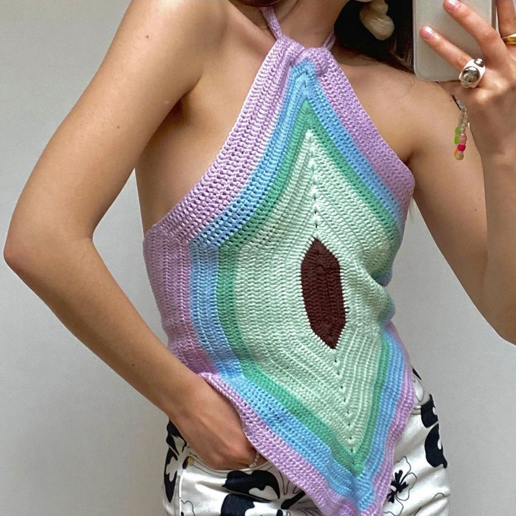 Vacation Ready Striped Panel Knitted Halter Top - Multicolor