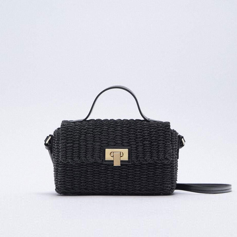 Vacation Ready Woven Trim Top Handle Crossbody Bag - Black