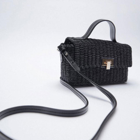 Vacation Ready Woven Trim Top Handle Crossbody Bag - Black