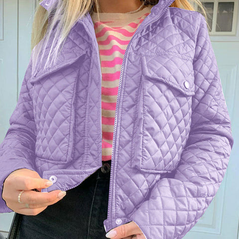 Chaqueta acolchada de rombos de manga larga con cuello y solapa versátil - Morado