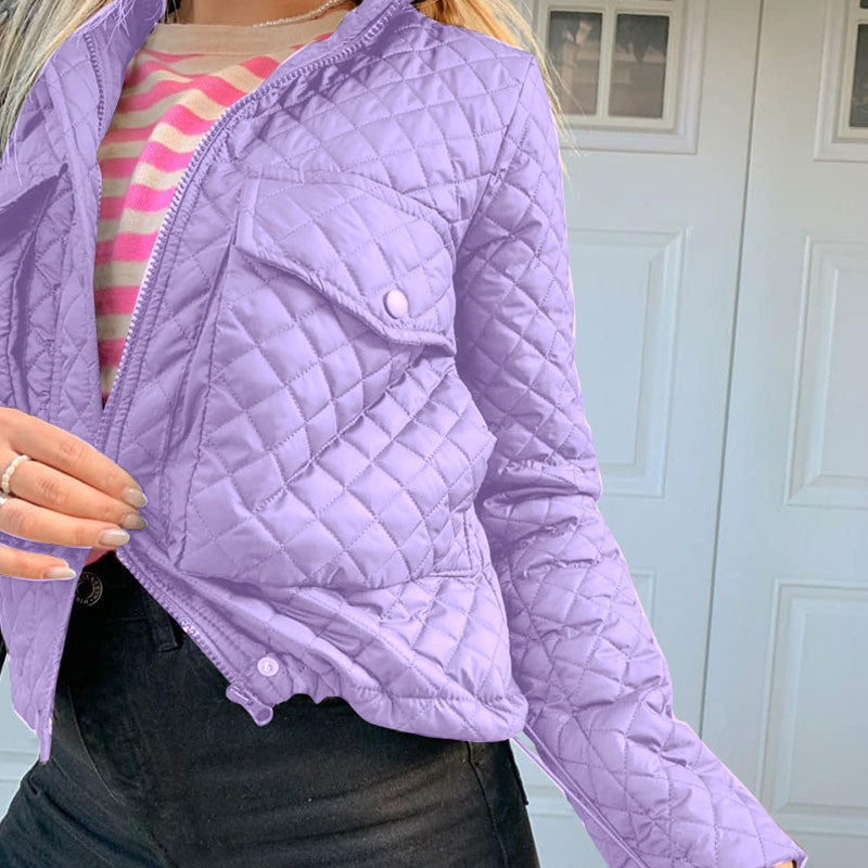 Versatile Collar Flap Pocket Long Sleeve Diamond Quilted Jacket - Purple