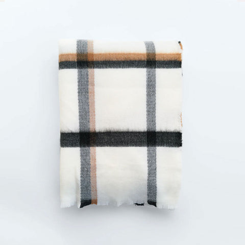 Versatile Plaid Print Frayed Blanket Scarf - White