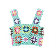 Vibrant Floral Pullover Square Neck Crochet Knit Tank Top - Mint