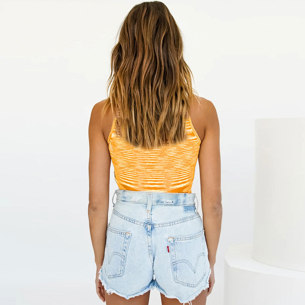 Vibrant Gradient Sunset Crew Neck Rib Knit Crop Tank Top - Yellow