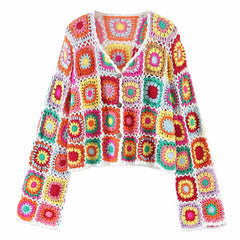 Vibrant Scalloped Floral Crochet Knit Cardigan - Multicolor