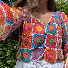 Vibrant Scalloped Floral Crochet Knit Cardigan - Multicolor