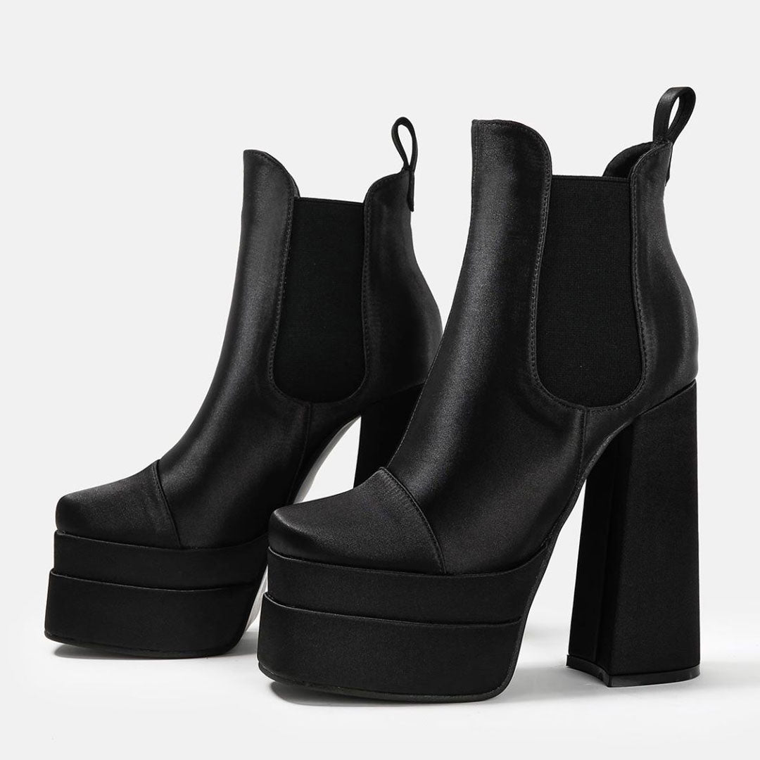 Vibrant Square Toe Chunky High Heel Platform Ankle Boots - Black