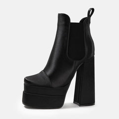 Vibrant Square Toe Chunky High Heel Platform Ankle Boots - Black