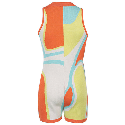 Vibrant Color Block V Neck Knit Romper - Multicolor