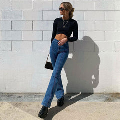 Vintage '90s Seamed Trim Mid Waist Skinny Flare Jeans - Blue