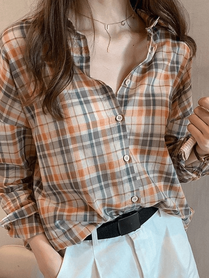 Vintage Checkered Long Sleeve Button Blouse