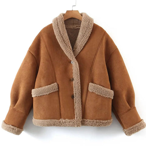 Vintage Patch Pocket Long Sleeve Shearling Jacket - Brown