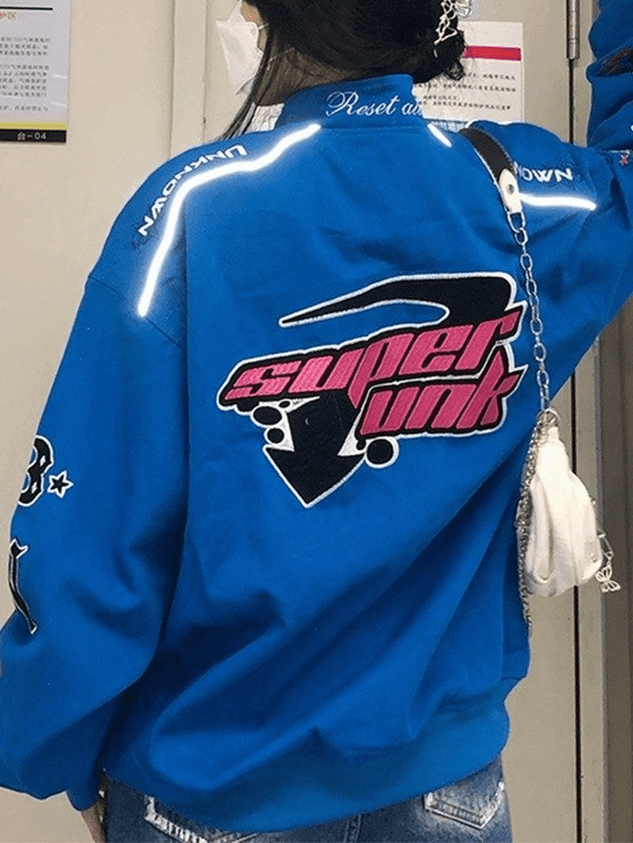 Vintage Embroidered Button-Down Motorcycle Varsity Jacket