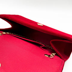 Vintage Suede Foldover Flower Trim Ruched Handle Clutch Bag - Red